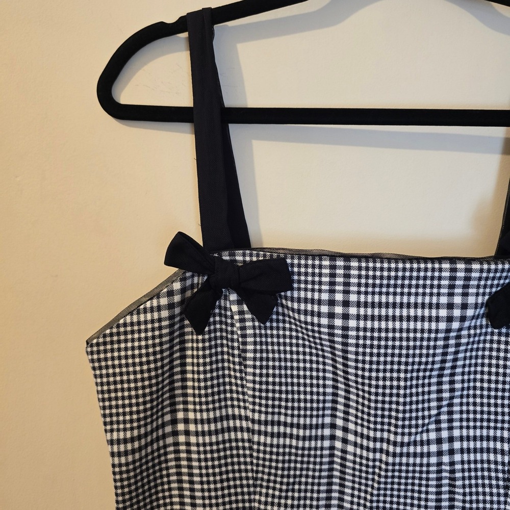 Kimchi Blue Houndstooth Plaid Bow Mini Dress Black White Large Sleeveless Mesh - Picture 3 of 8